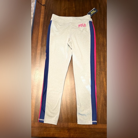 Ralph Lauren Polo Kids Gray Leggings with Blue and Pink Stripes-Girls 12-14 - Picture 1 of 2